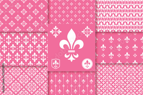 Geometric floral set of seamless patterns. White and pink vector backgrounds. Damask graphic ornaments