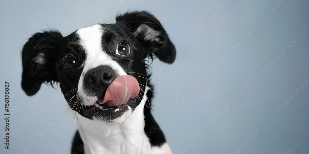 Playful black and white puppy with a joyful expression, licking its nose on a blue background. Generative AI panoramic image with copy space.
