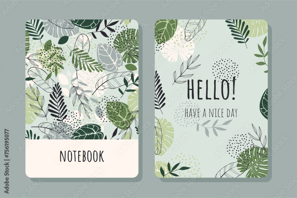 Cover design with tropical pattern. Hand drawn plants. Modern artistic background with herbs. Invitation, greeting card, cover book, notebook. Vector illustration