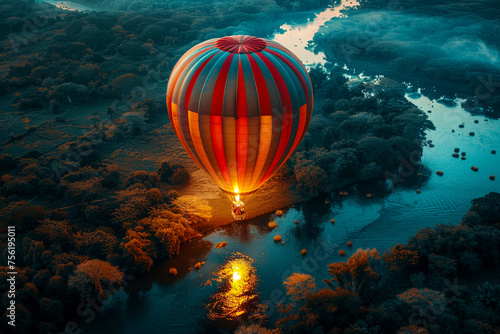 A hot air balloon hovers silently above a landscape where each feature from rivers to forests shines in electric hues offering an aerial view of a world alight with fantasy