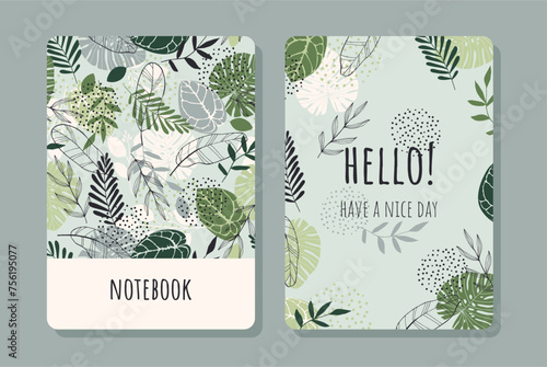 Cover design with tropical pattern. Hand drawn plants. Modern artistic background with herbs. Invitation, greeting card, cover book, notebook. Vector illustration