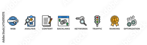 SEO banner web icon vector illustration concept for search engine optimization with icon of website, analysis, content, backlinks, keywords, traffic, ranking, and optimization