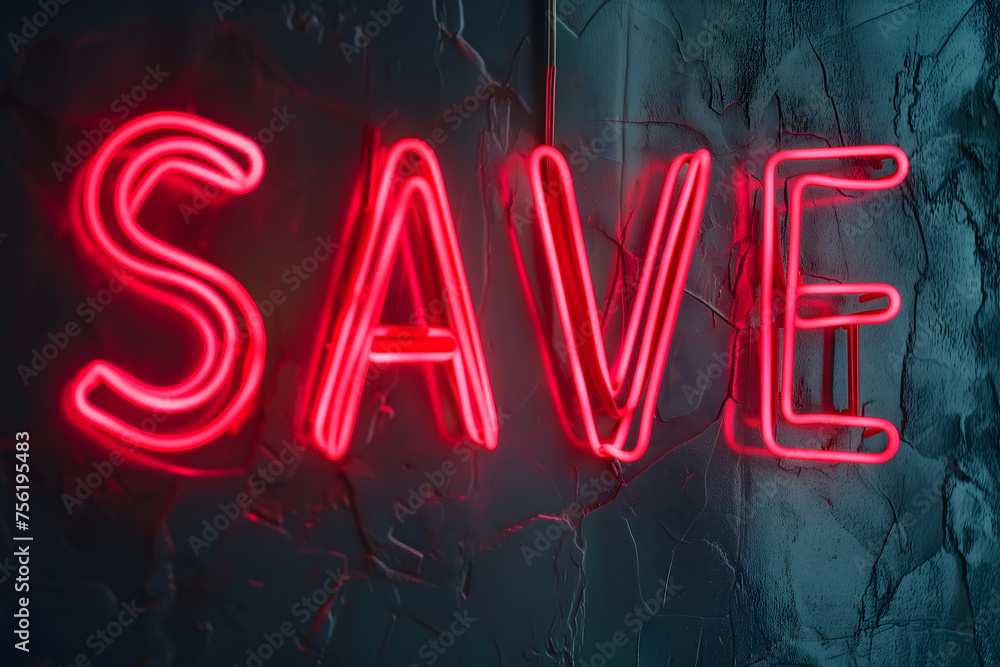 Neon word save on dark shabby wall. Neural network generated image. Not based on any actual scene or pattern.