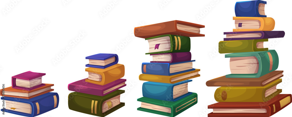 Book stack in cartoon vector illustration set. Tall and small pile of ...