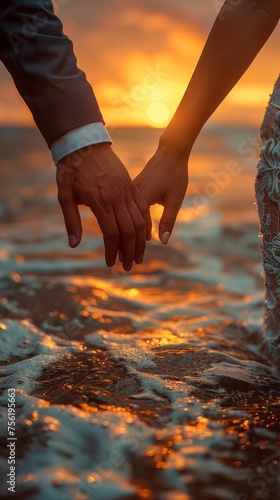 close up of a groom man and woman bride hands holding at the beautiful beach sunset