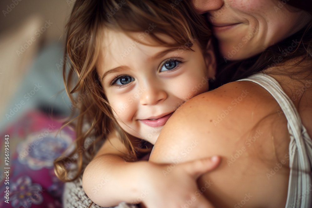Girl is hugged warmly by her mother and smiles lovingly. Great image for mother's day or different events. Girl is hugged warmly by her mother and smiles lovingly. Great image for mother's day or different events.