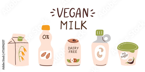 Vegan milk collection, milk alternatives with almond, coconut, oat, set of bottles, packs with plant based beverages, cashew drink icon, vector illustrations of natural non diary food with lettering