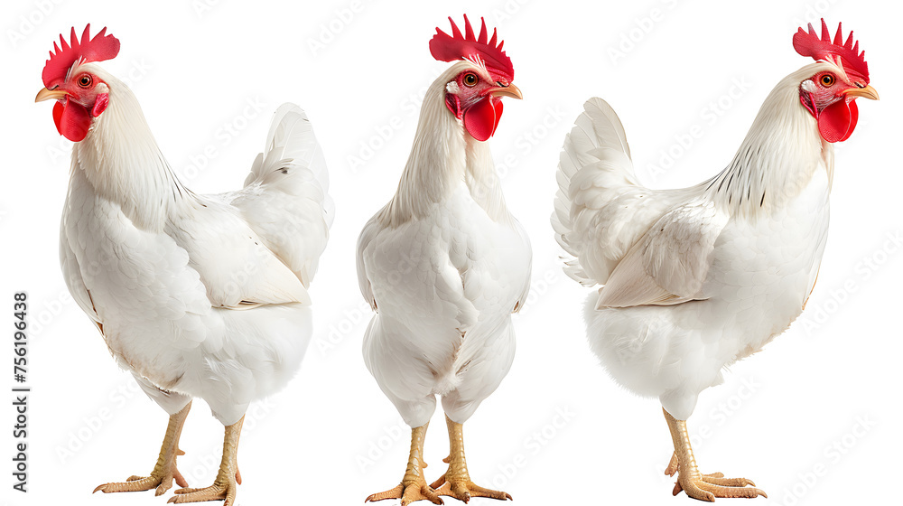 White chicken collection (portrait, standing, profile), animal bundle isolated on white background, png