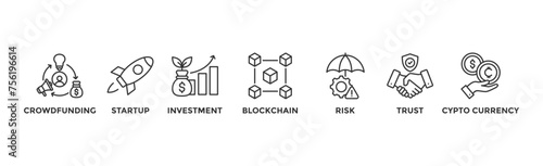 ICO banner web icon vector illustration concept of initial coin offering with icon of crowdfunding, startup, investment, blockchain, risk, trust and cypto currency	