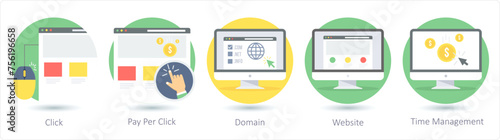 A set of 5 Web Layout icons as click, pay per click, domain
