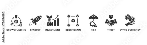 ICO banner web icon vector illustration concept of initial coin offering with icon of crowdfunding, startup, investment, blockchain, risk, trust and cypto currency	
