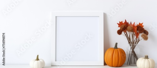 A rectangular wooden frame with orange pumpkins and flowers, creating a beautiful piece of plant art for the window or door
