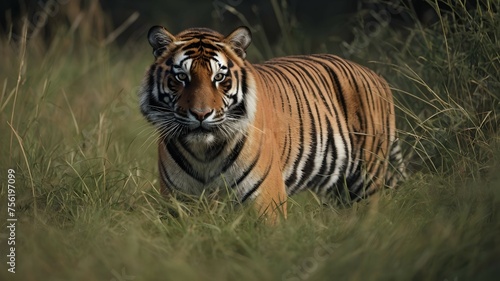 A tiger crouched low in the grass  blending seamlessly into its surroundings as it stalks its prey.