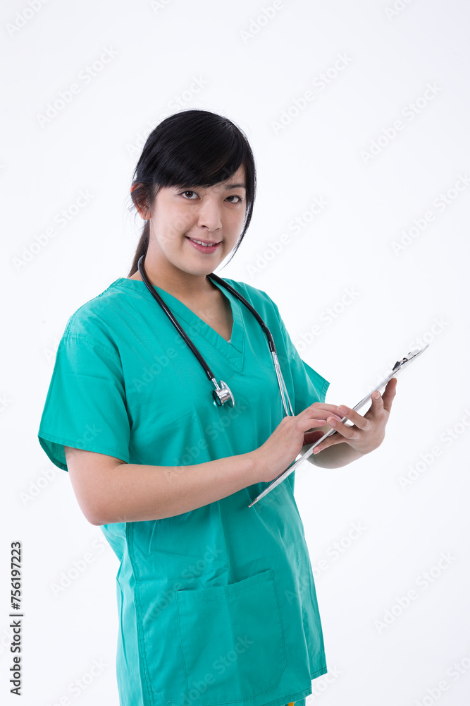 Female Asian doctor wearing a green scrubs and stethoscope Female Asian doctor wearing a green scrubs and stethoscope