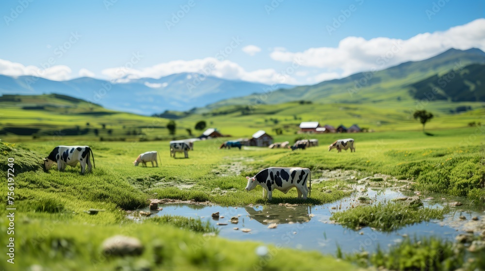 Cows grazing in a lush green pasture with mountains in the distance