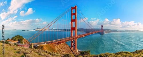 View of the red steel suspension bridge in San Francisco Bay during the day