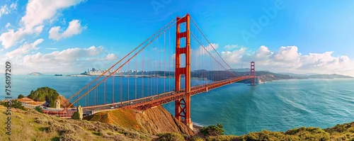 Panel kuchenny z motywem View of the red steel suspension bridge in San Francisco Bay during the day