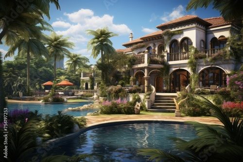 A luxurious mansion with a pool and palm trees