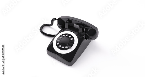 3D Rendering, Close up black telephone mock up, retro communication equipment, side view shot, isolated white background.