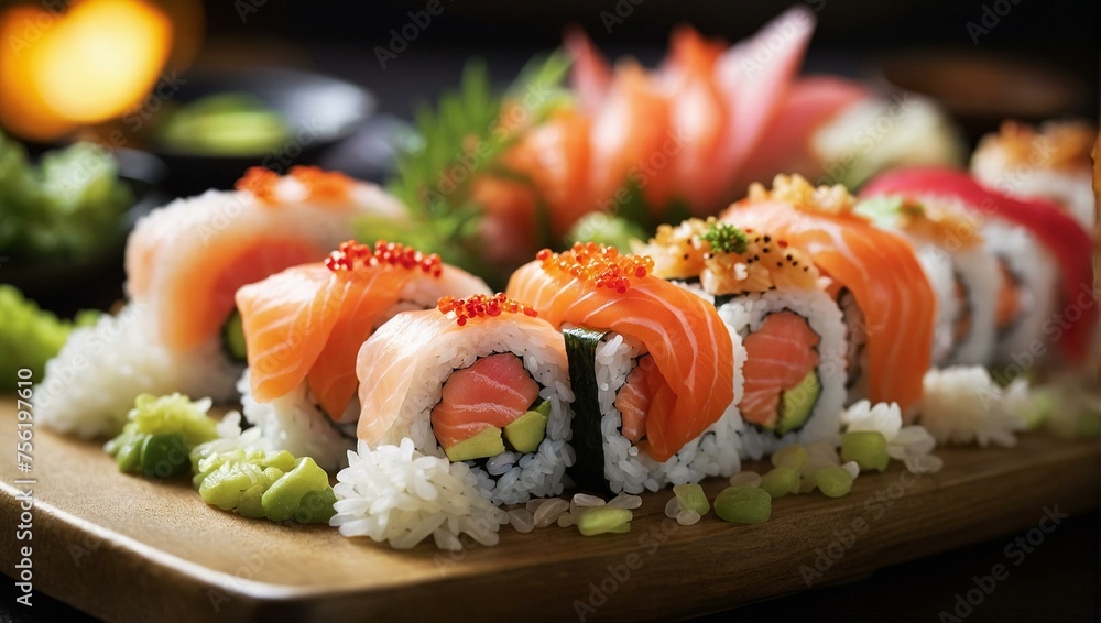 Assorted sushi rolls beautifully presented on a modern plate, highlighting the art of Japanese cuisine and fresh ingredients Assorted sushi rolls beautifully presented on a modern plate, highlighting the art of Japanese cuisine and fresh ingredients