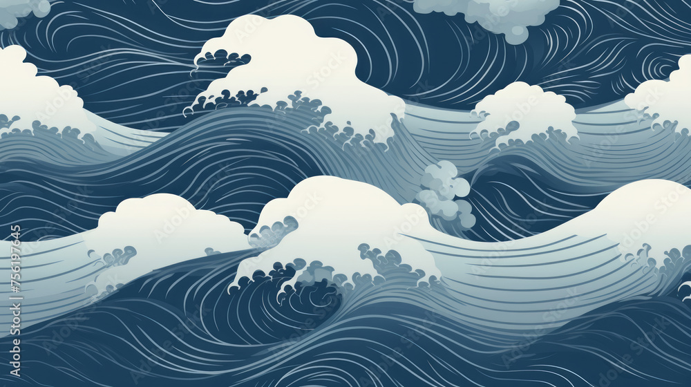 Fototapeta Hand-drawing abstract Japanese wave background with line wave pattern. Japanese ancient style. Mountain landscape and ocean object in oriental style, blue, indigo and green tone