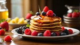 Delicious stack of pancakes with syrup pouring over and fresh berries surrounding it. Breakfast, brunch or dinner dessert