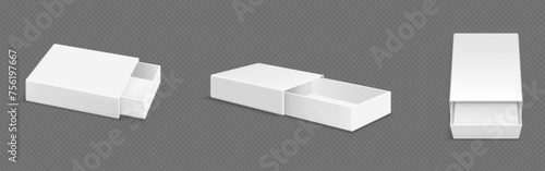 White blank open slide box mockup. Realistic vector illustration set of different view angles on empty rectangular matchbox or gift package of drawer type template. Slide carton pack with sleeve. © klyaksun