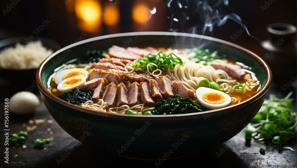 Warm bowl of ramen noodles with pork slices, egg, and greens, set in a cozy ambiance perfect for a satisfying meal Warm bowl of ramen noodles with pork slices, egg, and greens, set in a cozy ambiance perfect for a satisfying meal
