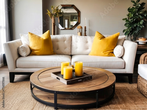 Blank Poster Frame mockup on colorful wall living room, modern interior with plant, tea Table, White sofa, yellow pillow