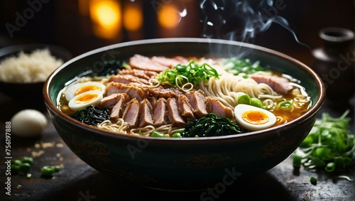 Warm bowl of ramen noodles with pork slices, egg, and greens, set in a cozy ambiance perfect for a satisfying meal