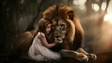 A little girl cuddles with a male lion