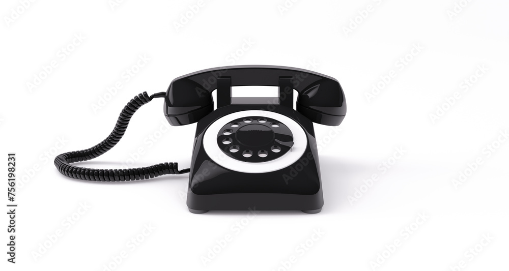 3D Rendering, Close up black telephone mock up, retro communication equipment object design, isolated white background. 3D Rendering, Close up black telephone mock up, retro communication equipment object design, isolated white background.