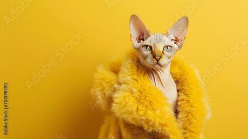 A sphinx cat in a yellow fur coat  on a yellow background. A cat in clothes