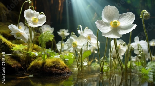 White flowers in a pond surrounded by green moss and leaves with sunlight shining through the trees
