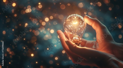 Hands holding light bulb for new idea concept with innovative technology. Generate AI image
