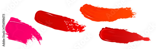 Red and pink lipstick or nail polish swatch. Realistic vector illustration set of painted lip makeup product brush smudge. Glossy cream brushstroke stripe and blotch. Lipgloss or lacquer sample. photo