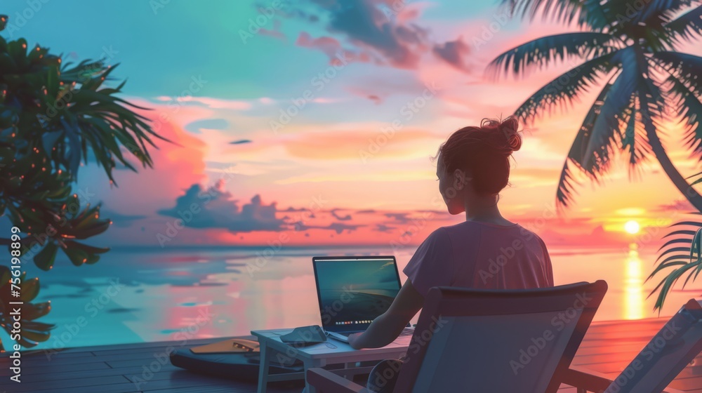 woman using laptop on the beach