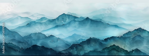diffuse gradients,Chinese landscape,mountain,wet ink,green and blue,minimalist,chinese brush painting