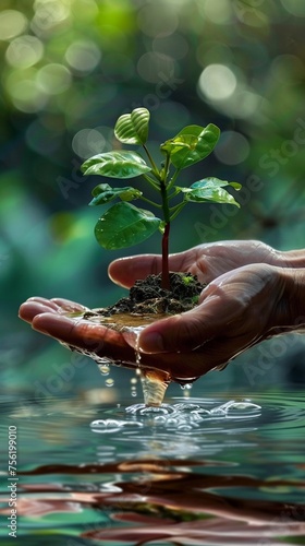 Hands cupping water sprouting a small tree