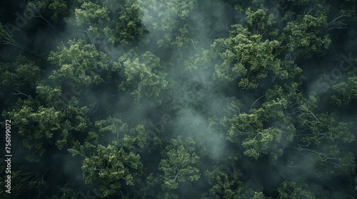 Top view of mysty foggy forest photo