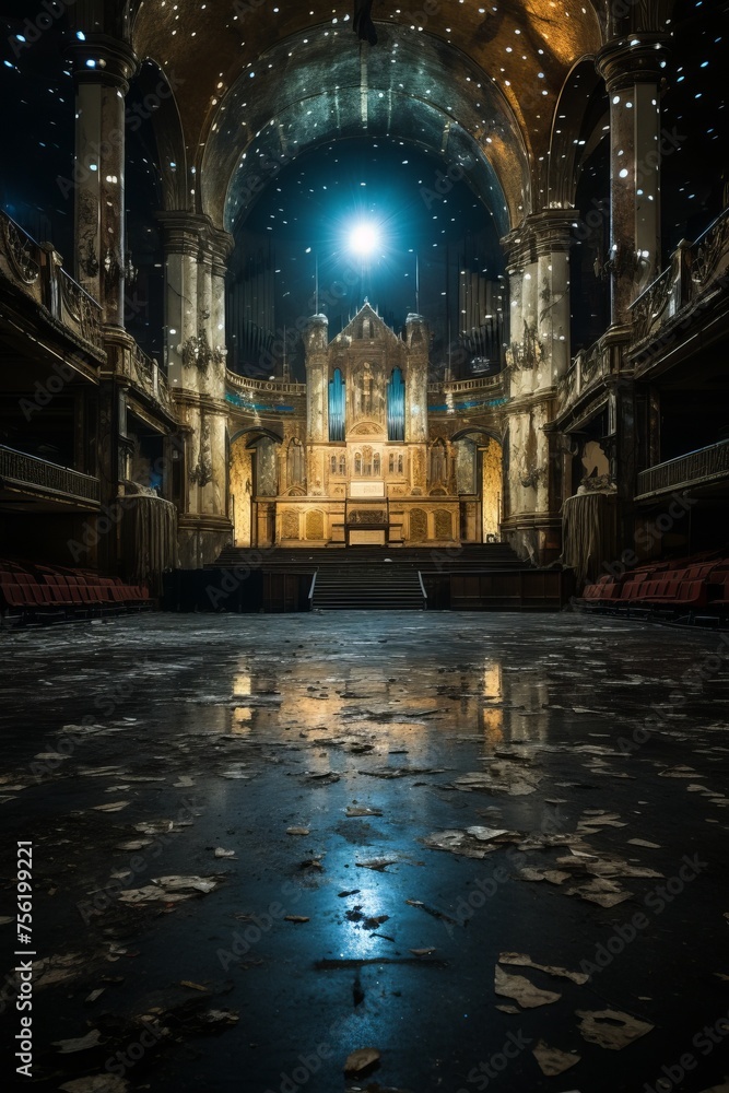 An abandoned theatre with a beautiful stained glass window