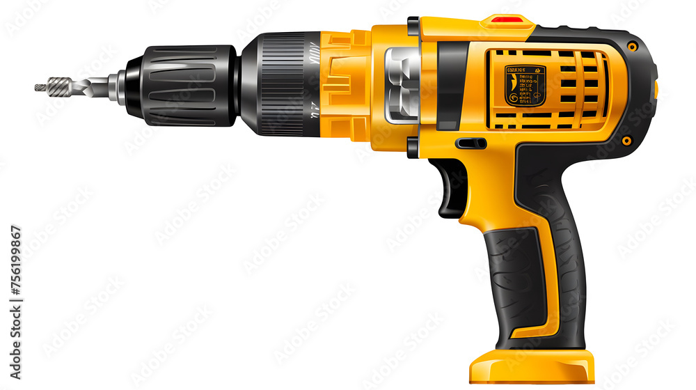 yellow electric drill tool on isolated transparent background