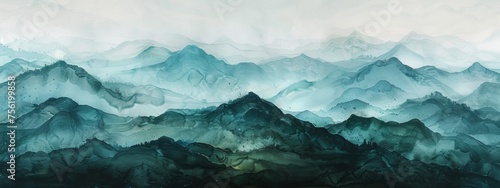 diffuse gradients,Chinese landscape,mountain,wet ink,green and blue,minimalist,chinese brush painting © paisorn