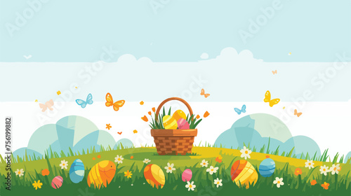 Easter background with basket or hamper full of East photo
