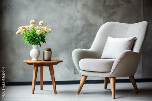 Modern minimalist living room interior with a comfortable armchair and a small round table with a vase of flowers