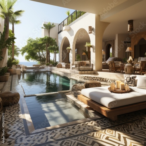 A stunning view of a luxury villa with a pool and a beautiful outdoor area