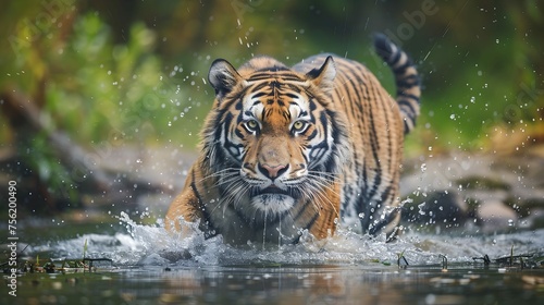 Amur tiger playing in the water, Siberia. Dangerous animal, tajga, Russia. Animal in green forest stream. Siberian tiger splashing water.  photo