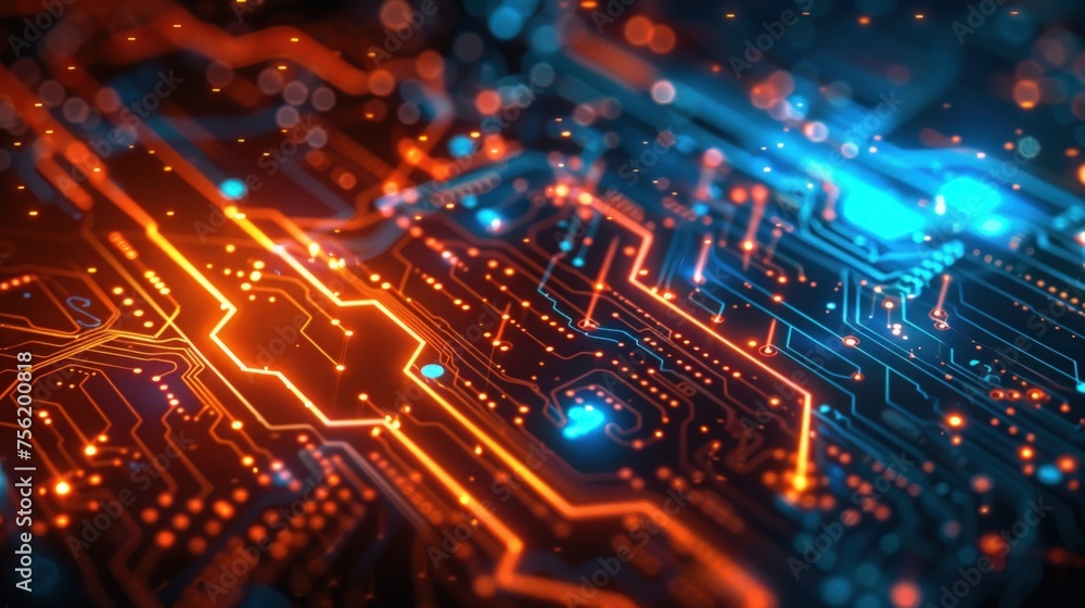 The circuit board with blue and orange lights up. Generate AI image The circuit board with blue and orange lights up. Generate AI image