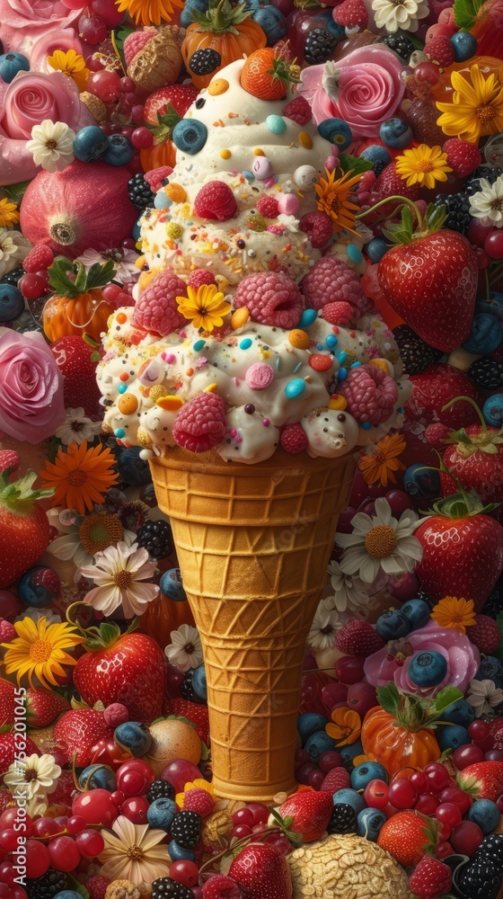 Ice cream cone with berries and flowers