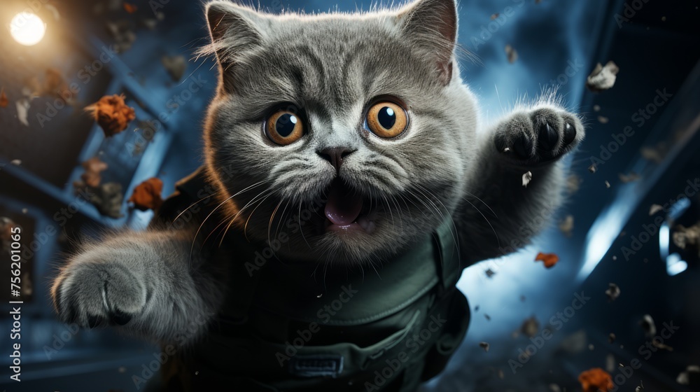 A cute cat wearing a space suit is floating in space A cute cat wearing a space suit is floating in space